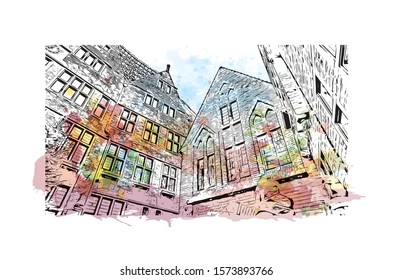 Building view with landmark of Bremen is a city straddling the Weser River in northwest Germany. Watercolor splash with Hand drawn sketch illustration in vector.
