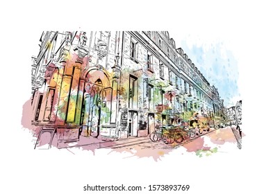 Building view with landmark of Bremen is a city straddling the Weser River in northwest Germany. Watercolor splash with Hand drawn sketch illustration in vector.