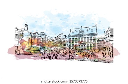 Building view with landmark of Bremen is a city straddling the Weser River in northwest Germany. Watercolor splash with Hand drawn sketch illustration in vector.