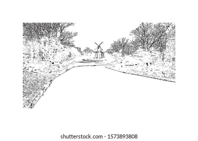 Building view with landmark of Bremen is a city straddling the Weser River in northwest Germany. Hand drawn sketch illustration in vector.