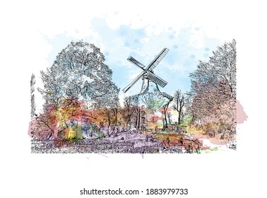 Building view with landmark of Bremen is the
city in Germany. Watercolour splash with hand drawn sketch illustration in vector.