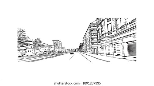 Building view with landmark of Bremerhaven is the
city in Germany. Hand drawn sketch illustration in vector.