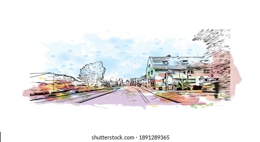 Building view with landmark of Bremerhaven is the
city in Germany. Watercolour splash with hand drawn sketch illustration in vector.