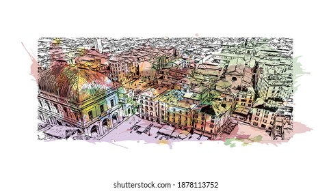 Building view with landmark of Brescia is the 
city in Italy. Watercolour splash with hand drawn sketch illustration in vector.