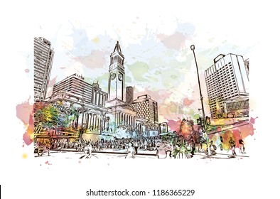 Building view with landmark of Brisbane, capital of Queensland, is a large city on the Brisbane River, City in Australia. Watercolor splash with Hand drawn sketch illustration in vector.