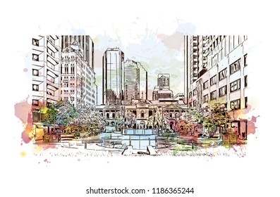 Building view with landmark of Brisbane, capital of Queensland, is a large city on the Brisbane River, City in Australia. Watercolor splash with Hand drawn sketch illustration in vector.