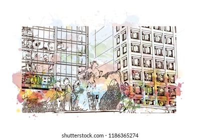 Building view with landmark of Brisbane, capital of Queensland, is a large city on the Brisbane River, City in Australia. Watercolor splash with Hand drawn sketch illustration in vector.