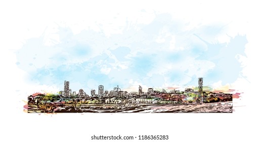 Building view with landmark of Brisbane, capital of Queensland, is a large city on the Brisbane River, City in Australia. Watercolor splash with Hand drawn sketch illustration in vector.