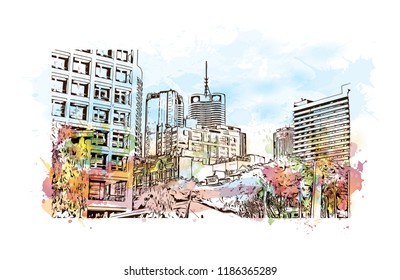 Building view with landmark of Brisbane, capital of Queensland, is a large city on the Brisbane River, City in Australia. Watercolor splash with Hand drawn sketch illustration in vector.