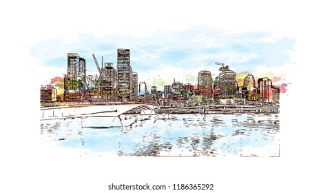 Building view with landmark of Brisbane, capital of Queensland, is a large city on the Brisbane River, City in Australia. Watercolor splash with Hand drawn sketch illustration in vector.
