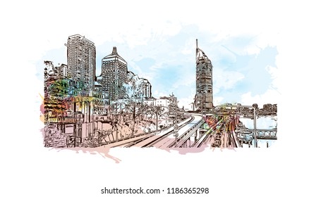 Building view with landmark of Brisbane, capital of Queensland, is a large city on the Brisbane River, City in Australia. Watercolor splash with Hand drawn sketch illustration in vector.