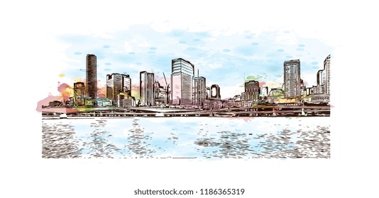 Building view with landmark of Brisbane, capital of Queensland, is a large city on the Brisbane River, City in Australia. Watercolor splash with Hand drawn sketch illustration in vector.