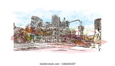 Building view with landmark of Brisbane, capital of Queensland, is a large city on the Brisbane River, City in Australia. Watercolor splash with Hand drawn sketch illustration in vector.