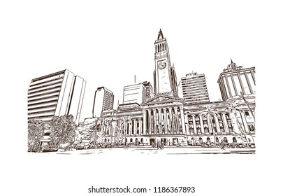 Building view with landmark of Brisbane, capital of Queensland, is a large city on the Brisbane River, City in Australia. Hand drawn sketch illustration in vector.