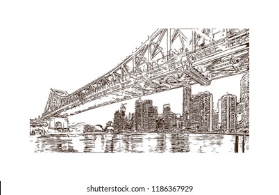 Building view with landmark of Brisbane, capital of Queensland, is a large city on the Brisbane River, City in Australia. Hand drawn sketch illustration in vector.