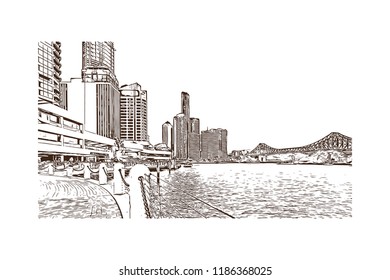 Building view with landmark of Brisbane, capital of Queensland, is a large city on the Brisbane River, City in Australia. Hand drawn sketch illustration in vector.