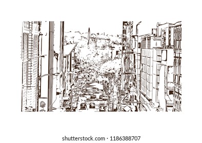 Building view with landmark of Brisbane City in Australia. Hand drawn sketch illustration in vector.