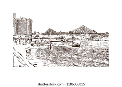 Building view with landmark of Brisbane City in Australia. Hand drawn sketch illustration in vector.