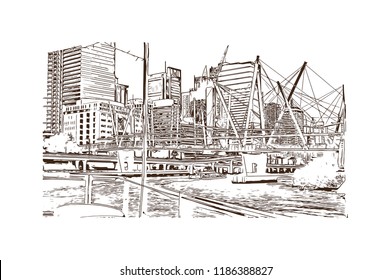 Building view with landmark of Brisbane City in Australia. Hand drawn sketch illustration in vector. - Shutterstock ID 1186388827