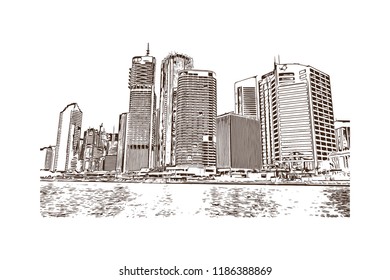 Building view with landmark of Brisbane City in Australia. Hand drawn sketch illustration in vector.