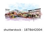 Building view with landmark of Bristol is the
city in England. Watercolour splash with hand drawn sketch illustration in vector.