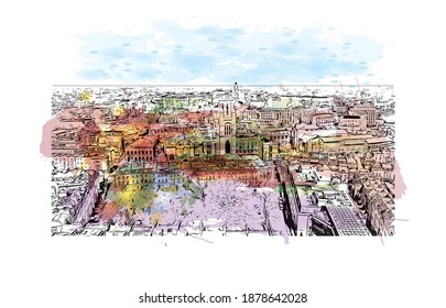 Building view with landmark of Bristol is the
city in England. Watercolour splash with hand drawn sketch illustration in vector.