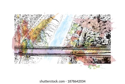 Building view with landmark of Bristol is the
city in England. Watercolour splash with hand drawn sketch illustration in vector.