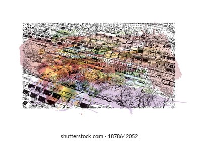Building view with landmark of Bristol is the
city in England. Watercolour splash with hand drawn sketch illustration in vector.