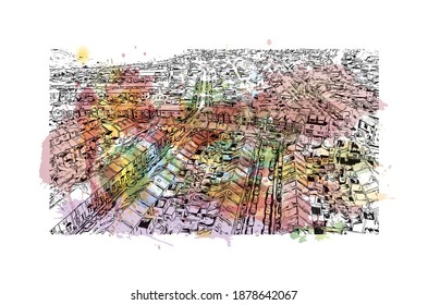 Building view with landmark of Bristol is the
city in England. Watercolour splash with hand drawn sketch illustration in vector.