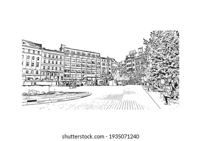 Building view with landmark of Brno is a city in the Czech Republic. Hand drawn sketch illustration in vector.