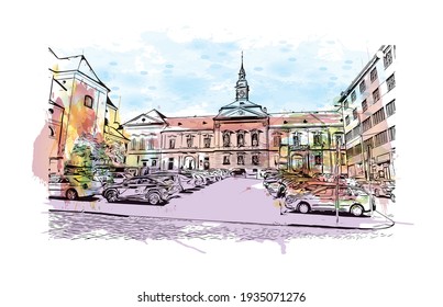 Building view with landmark of Brno is a city in the Czech Republic. Watercolour splash with hand drawn sketch illustration in vector.