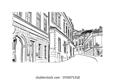 Building view with landmark of Brno is a city in the Czech Republic. Hand drawn sketch illustration in vector.