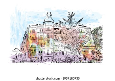 Building view with landmark of Brno is a city in the Czech Republic. Watercolour splash with hand drawn sketch illustration in vector.