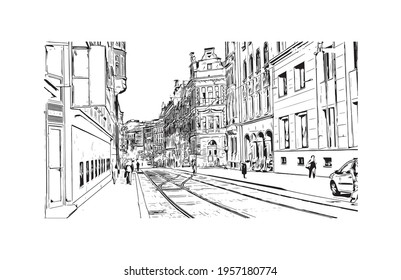 Building view with landmark of Brno is a city in the Czech Republic. Hand drawn sketch illustration in vector.