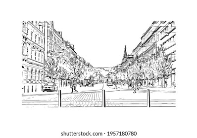 Building view with landmark of Brno is a city in the Czech Republic. Hand drawn sketch illustration in vector.