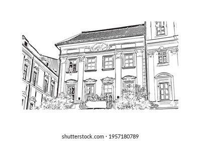 Building view with landmark of Brno is a city in the Czech Republic. Hand drawn sketch illustration in vector.