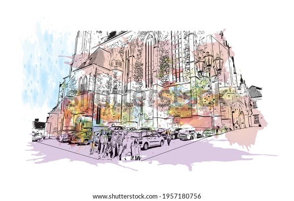 Building view with landmark of Brno is a city in\
the Czech Republic. Watercolour splash with hand drawn sketch\
illustration in\
vector.