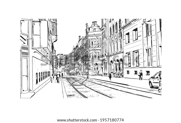 Building view with\
landmark of Brno is a city in the Czech Republic. Hand drawn sketch\
illustration in\
vector.
