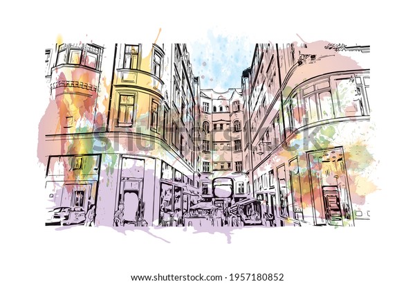 Building view with landmark of Brno is a city in\
the Czech Republic. Watercolour splash with hand drawn sketch\
illustration in\
vector.