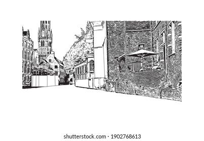 Building view with landmark of Bruges is the
City in Belgium. Hand drawn sketch illustration in vector.