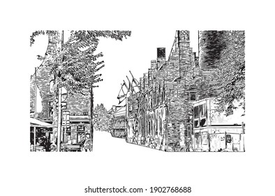 Building view with landmark of Bruges is the
City in Belgium. Hand drawn sketch illustration in vector.