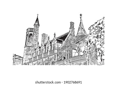 Building view with landmark of Bruges is the
City in Belgium. Hand drawn sketch illustration in vector.