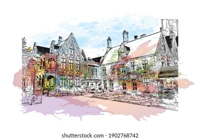 Building view with landmark of Bruges is the
City in Belgium. Watercolor splash with hand drawn sketch illustration in vector.