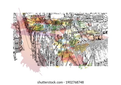 Building view with landmark of Bruges is the
City in Belgium. Watercolor splash with hand drawn sketch illustration in vector.