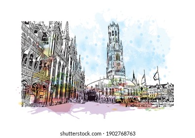 Building view with landmark of Bruges is the
City in Belgium. Watercolor splash with hand drawn sketch illustration in vector.