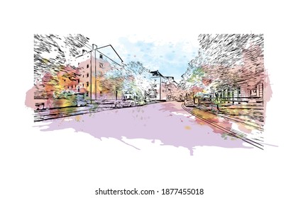 Building view with landmark of Brunswick is the
city in Germany. Watercolour splash with hand drawn sketch illustration in vector.