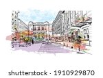 Building view with landmark of Bucharest is the
capital of Romania. Watercolor splash with hand drawn sketch illustration in vector.