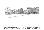 Building view with landmark of Bucharest is the
capital of Romania. Hand drawn sketch illustration in vector.