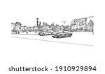 Building view with landmark of Bucharest is the
capital of Romania. Hand drawn sketch illustration in vector.