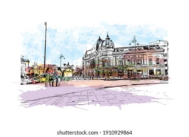 Building view with landmark of Bucharest is the
capital of Romania. Watercolor splash with hand drawn sketch illustration in vector.